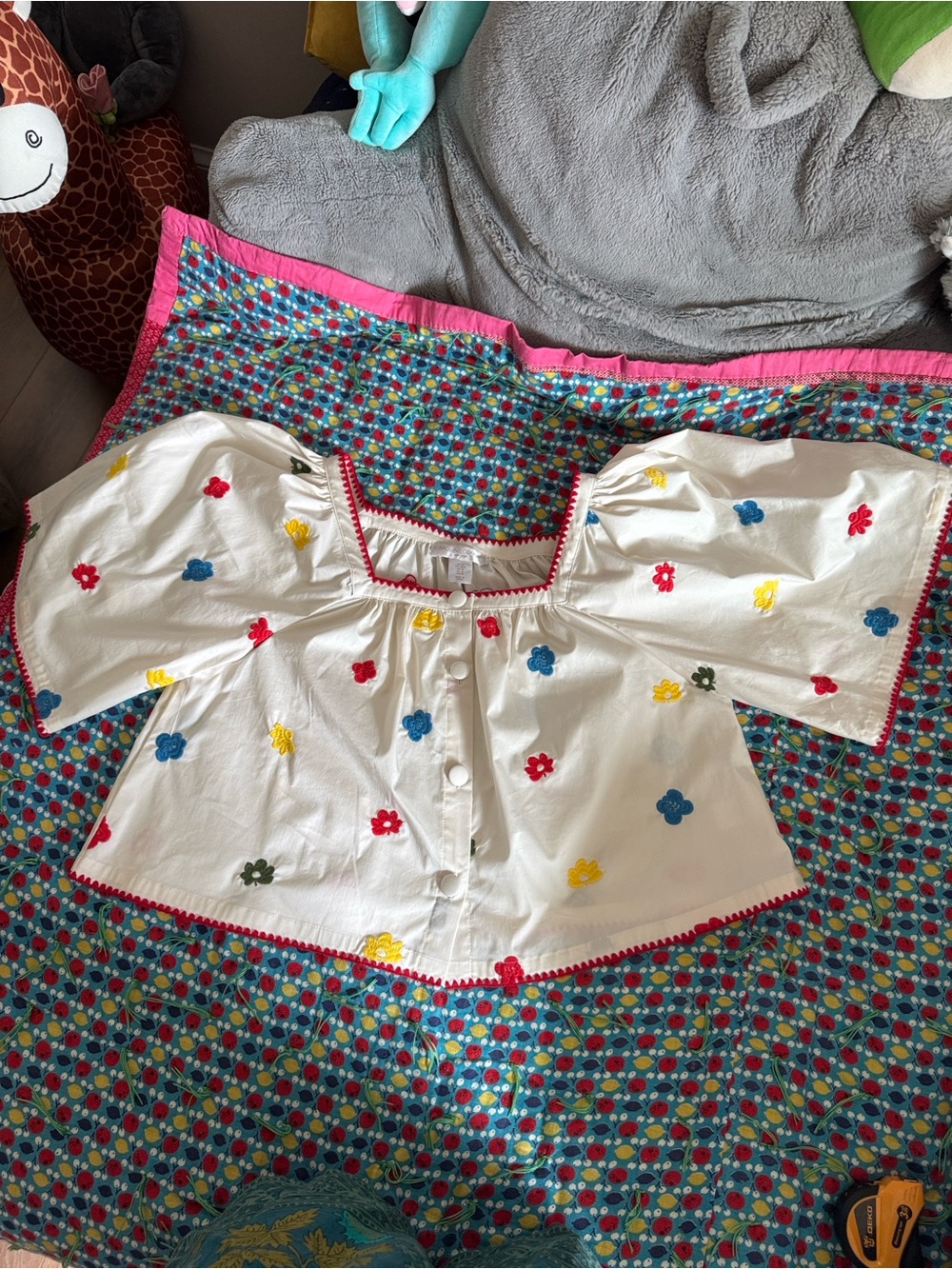 Caroline Constas Ivory Blouse with square neck line and embroidered flowers